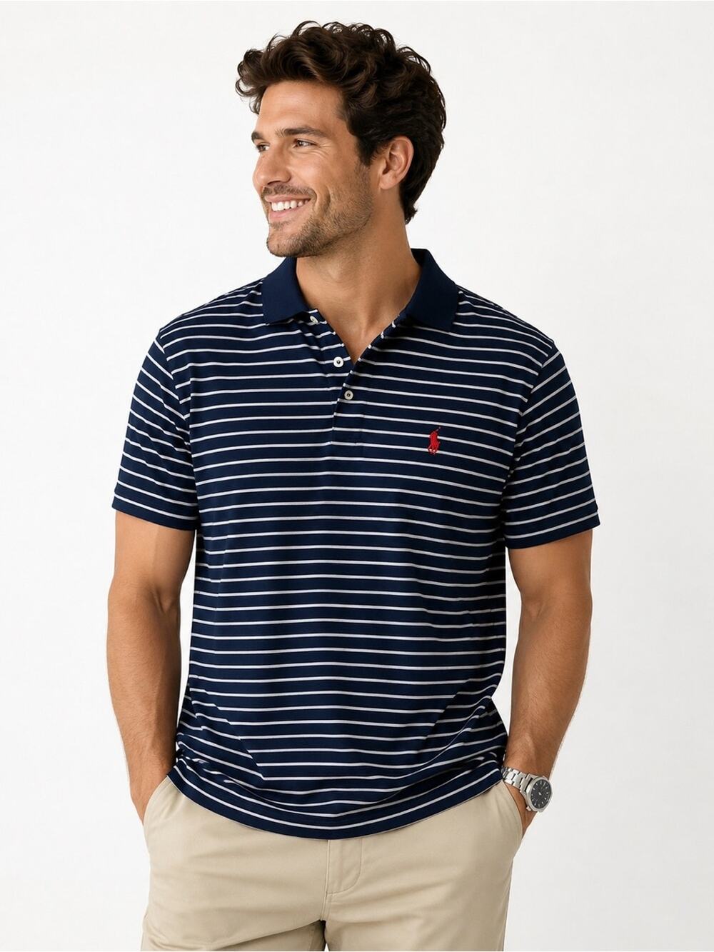 Polo by Ralph Lauren Performance Classic Fit Navy White Striped Polo Size Large
